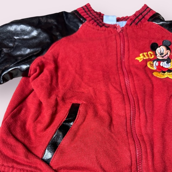 Baby Wonderful World Of Disney Faux Leather Sleeve Mickey Mouse Bomber Jacket - Picture 5 of 11